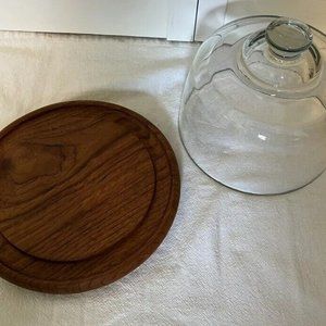 Good Wood Vtg. Genuine Teak Wood Glass Covered Dome 7.25 in. Cheese Tray/Plate